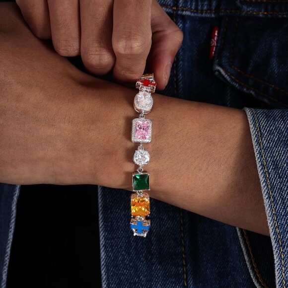 Colorful Diamond Cross Tennis Chain Bracelet 8in Gold Plated - Picture 2 of 8